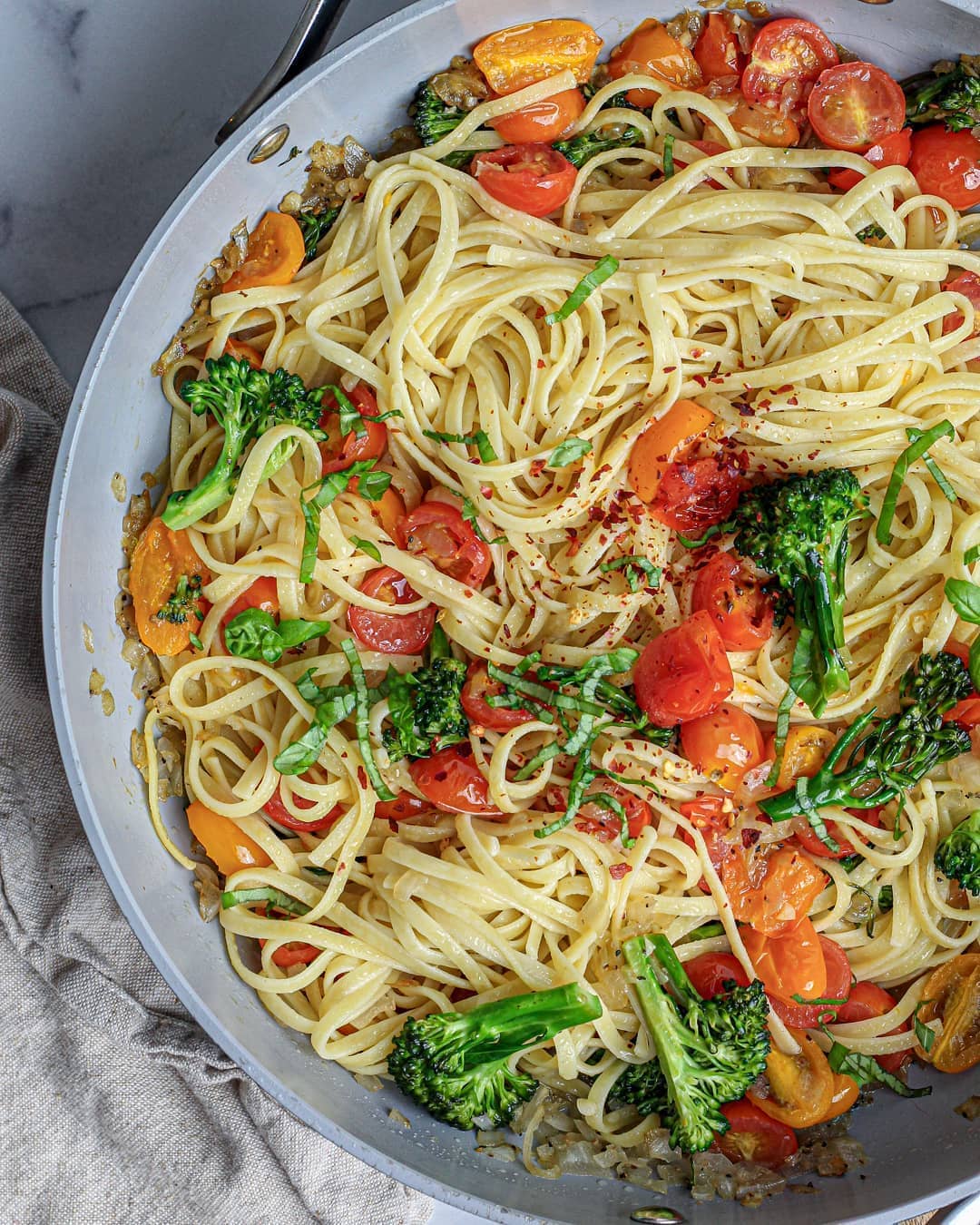 Linguini with Cherry Tomatoes, Basil and Broccolini