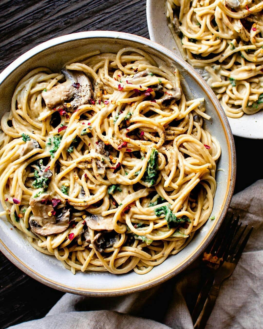 Vegan Cauliflower Alfredo with Mushrooms and Kale