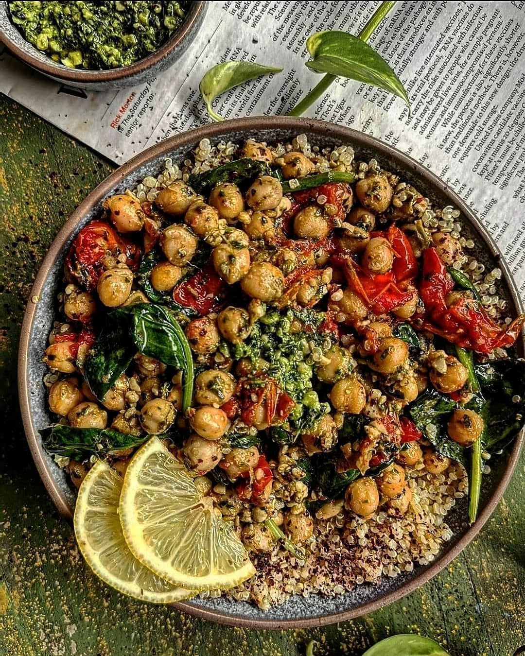 Warm Spinach Chickpea Pesto Salad