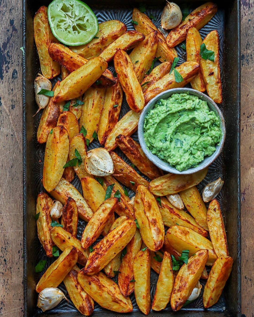 Spicy Roasted Potato Wedges with Wild Garlic Guacamole