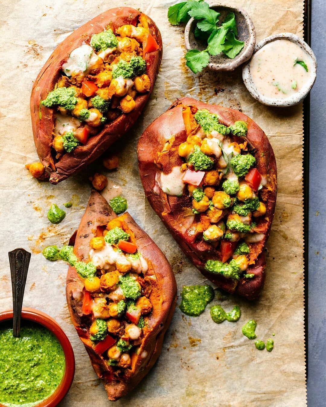 Vegan Stuffed Sweet Potatoes with Indian-Spiced Chickpeas