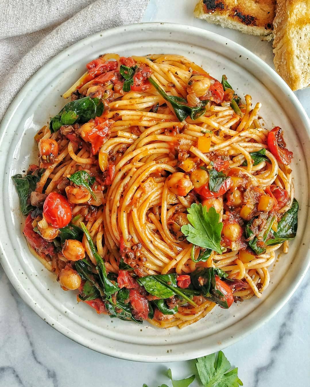 Roasted Tomato Spaghetti with Spinach and Chickpeas