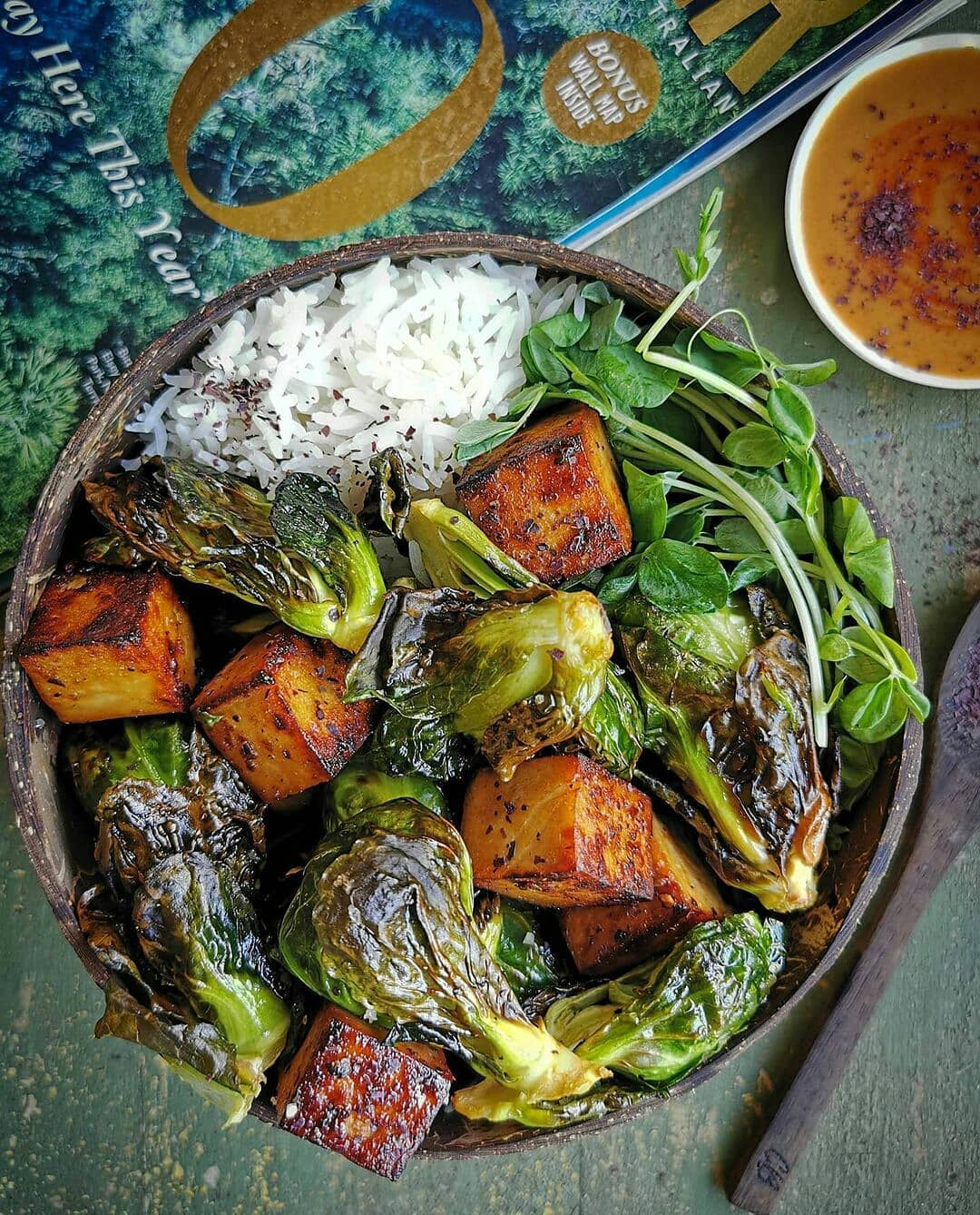 Spicy Peanut Tofu and Brussels Sprouts Bowl