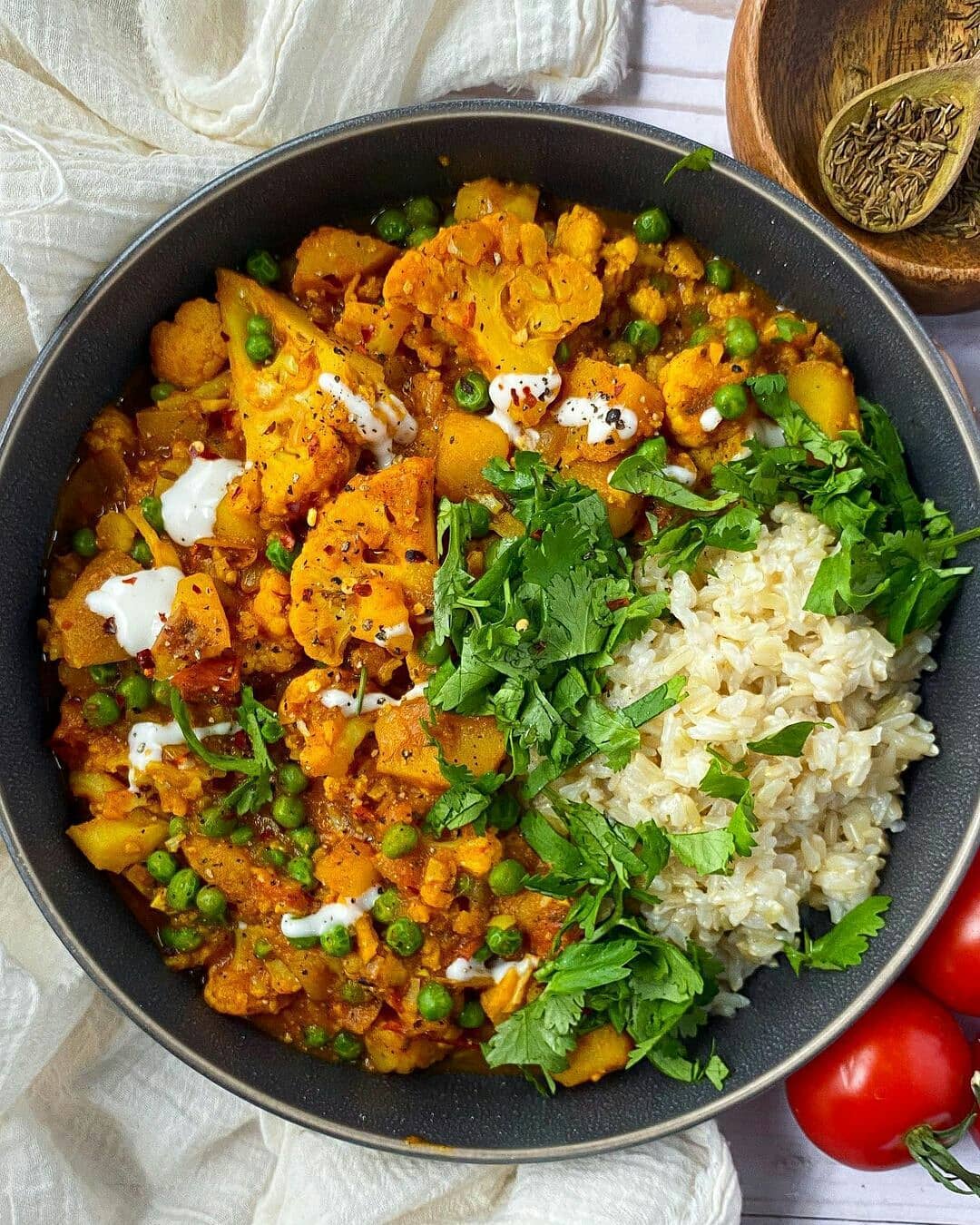 Curried Potatoes and Cauliflower with Peas and Rice