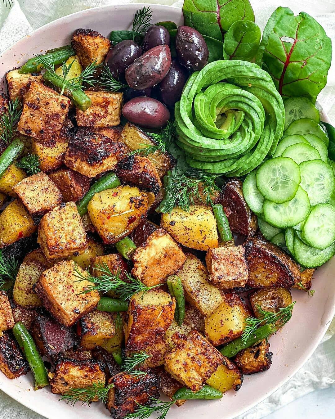 Garlic Fried Potatoes with Crispy Tofu and String Beans