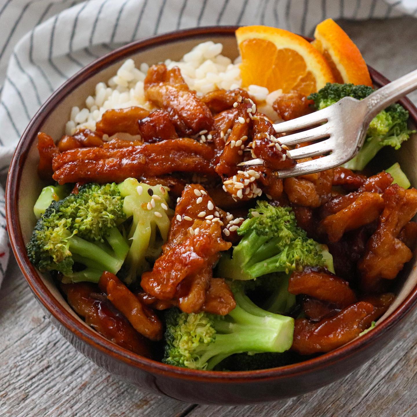 Orange Glazed Soy Curls with Rice
