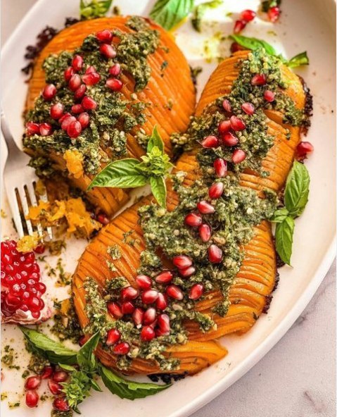 Hassle-Back Butternut Squash with Pesto and Pomegranate Seeds