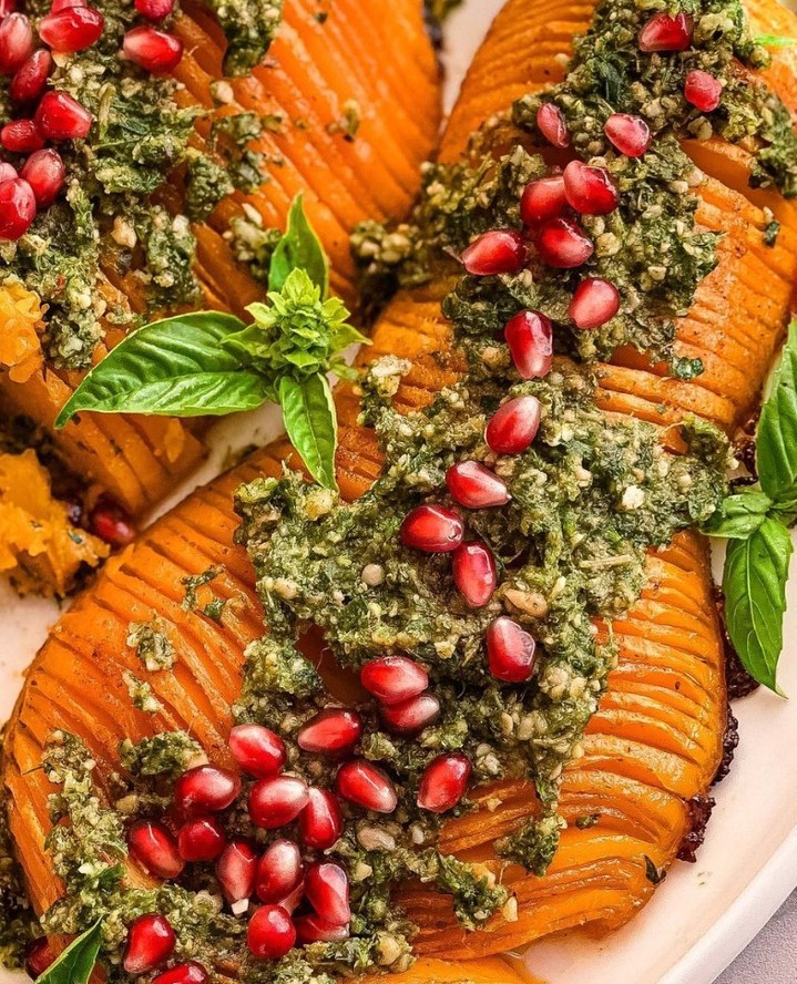 Hassle-Back Butternut Squash with Pesto and Pomegranate Seeds