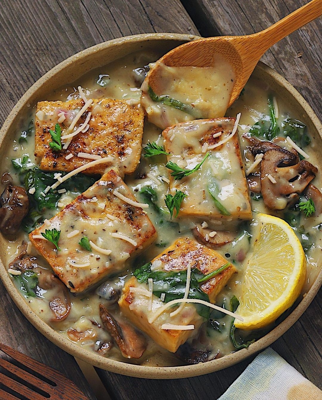 Tofu and Mushroom Cheesy Florentine