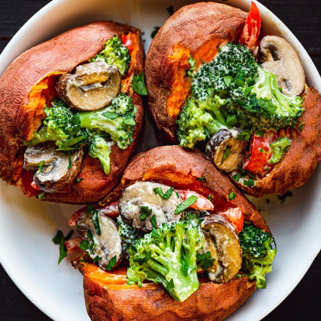 Cheesy Veggie Loaded Sweet Potatoes
