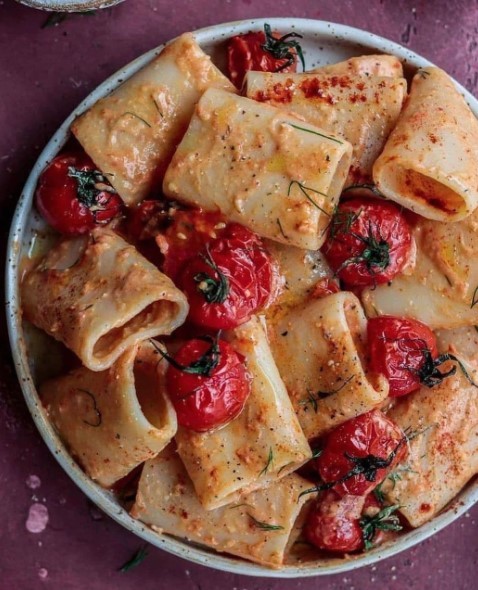 Smokey Hummus Paccheri with Roasted Tomatoes