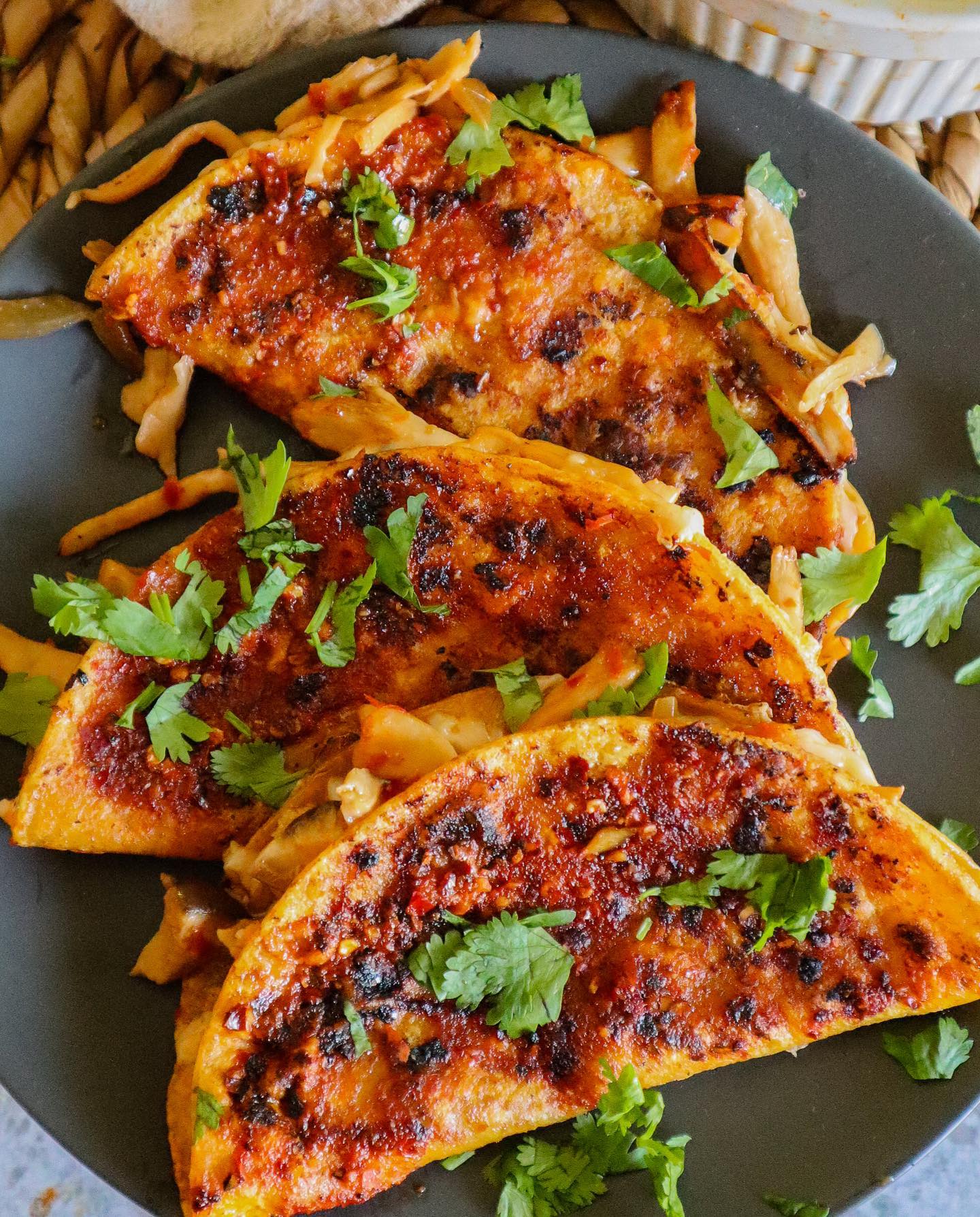 Cheesy Vegan Birria Quesabirria Tacos with Savory Broth