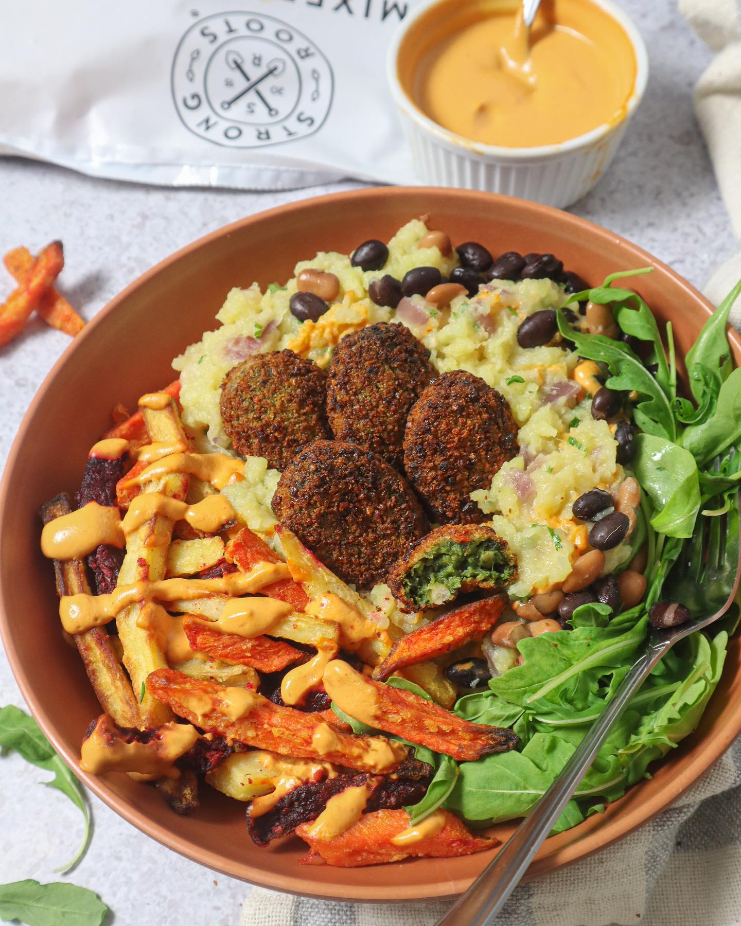 Vegan Root Vegetable Bowl with Spinach Bites