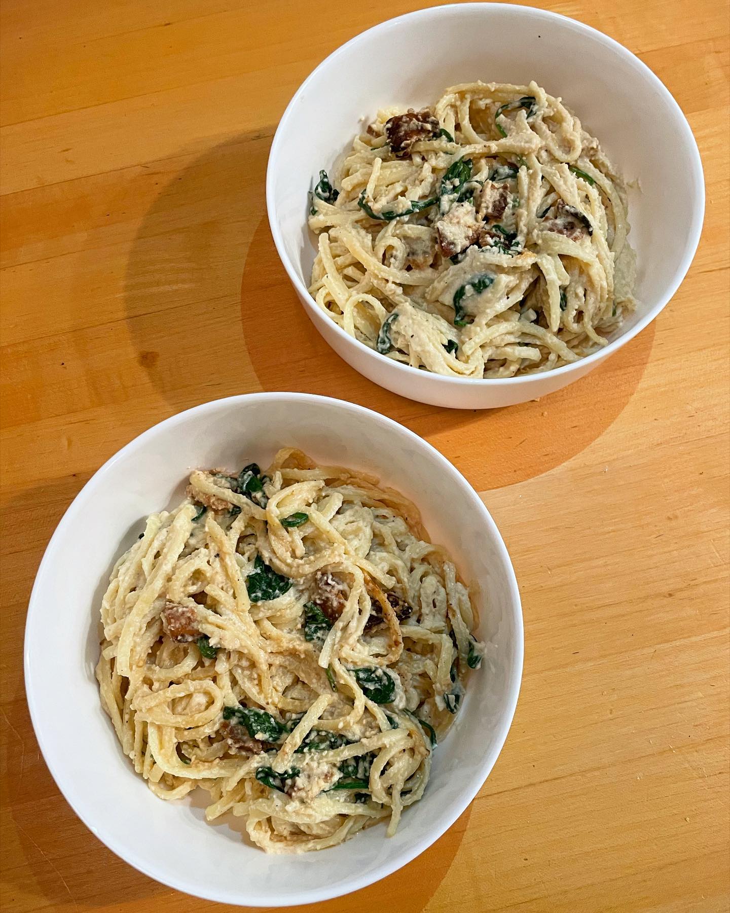 Vegan Spaghetti Alfredo with Spinach and Tofu Bacon