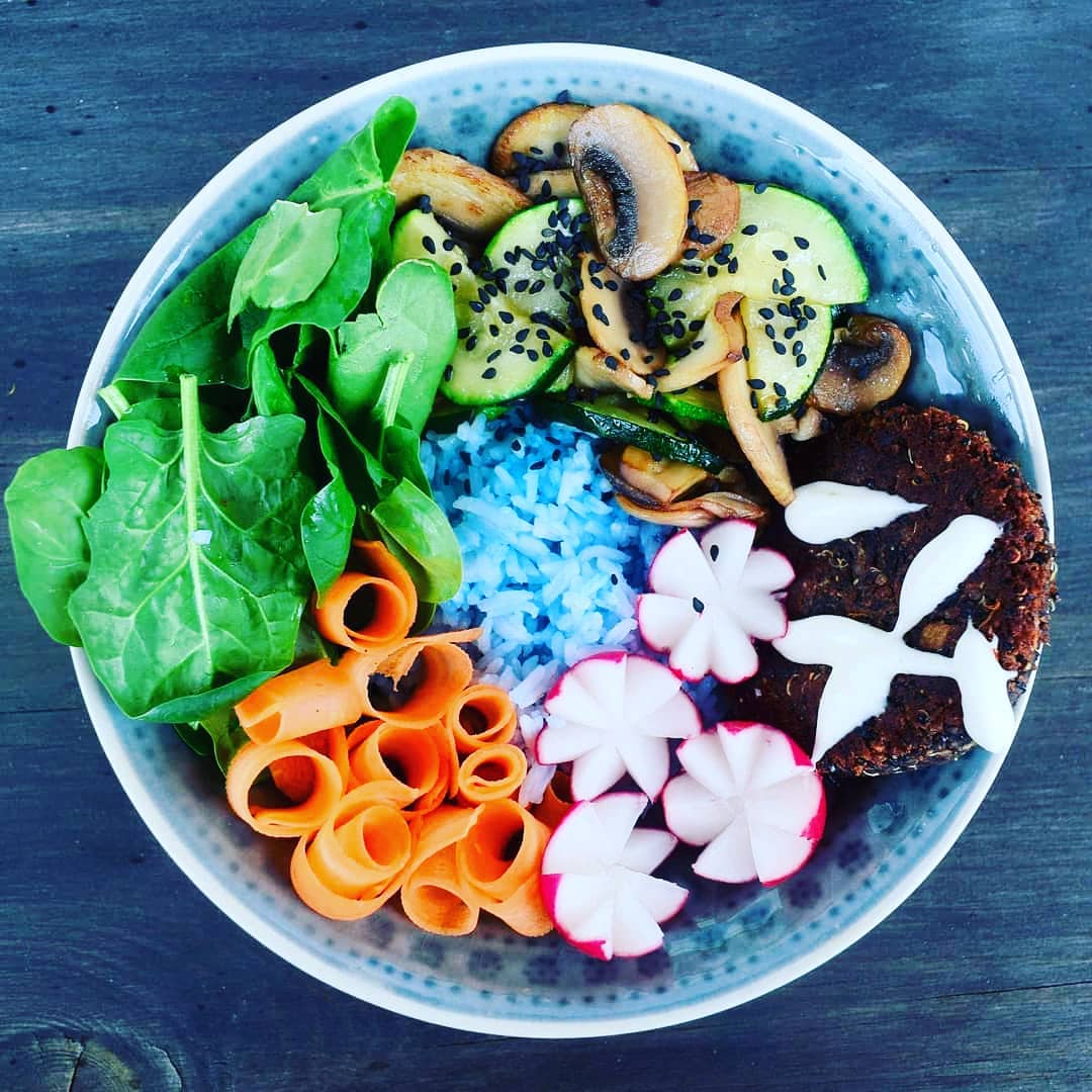 Vegan Rainbow Bowl with Black Bean Patties