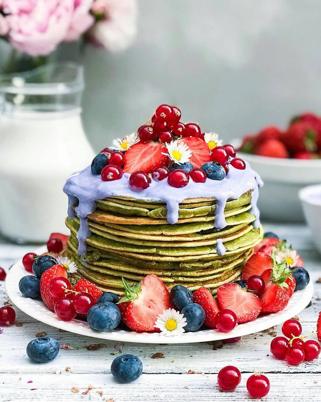 Vegan Pandan Leaf Pancake Stack with Butterfly Pea Yoghurt and Summer Fruits
