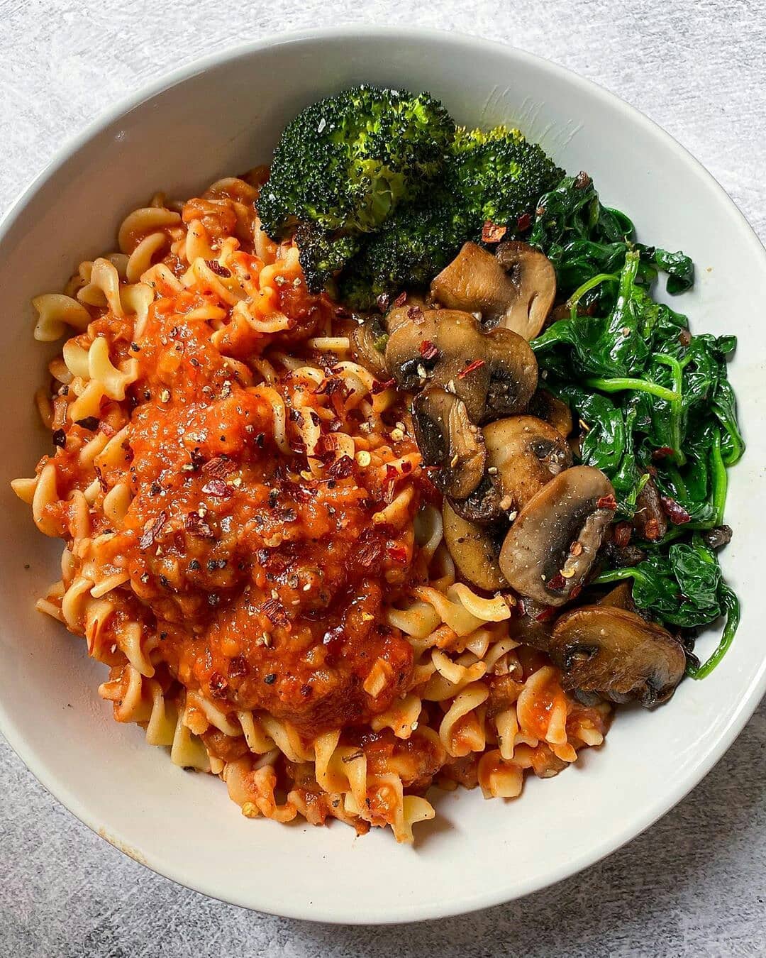 Red Lentil Eggplant Bolognese with Fusilli