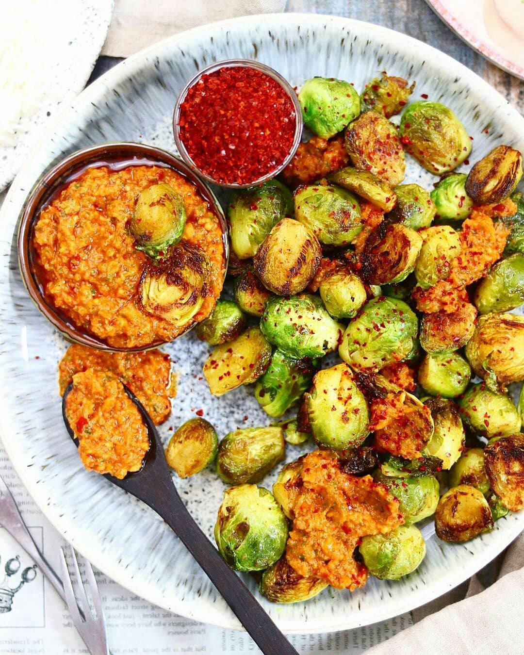 Vegan Roasted Brussels Sprouts with Korean Pesto