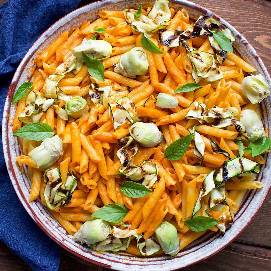 Fire Roasted Red Pepper Pasta with Grilled Zucchini Ribbons and Artichoke Hearts