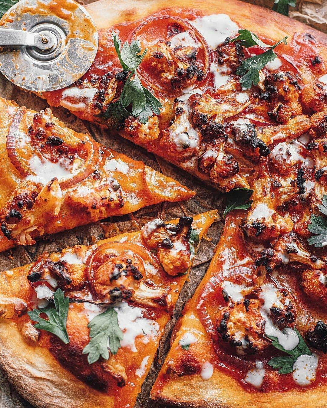 Sourdough Based Buffalo Cauliflower Pizza with Homemade Ranch Dressing