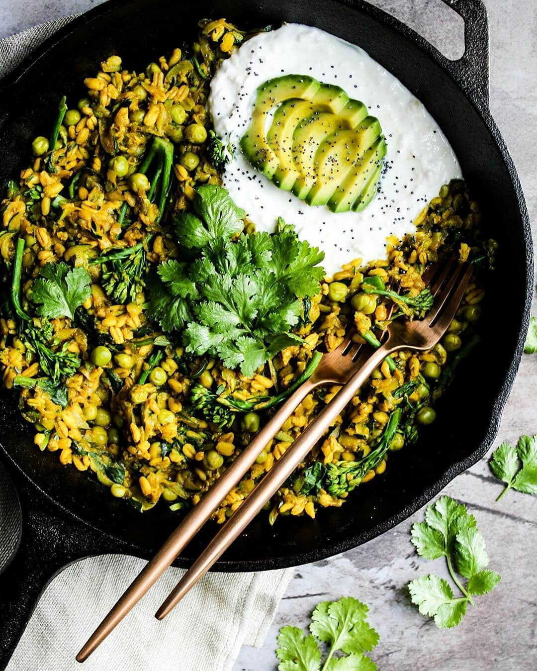 Barley Pea Curry with Broccolini and Garlic Coconut Yogurt