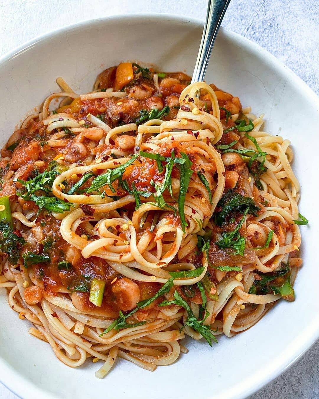 White Bean and Kale Linguine with Homemade Marinara and Basil
