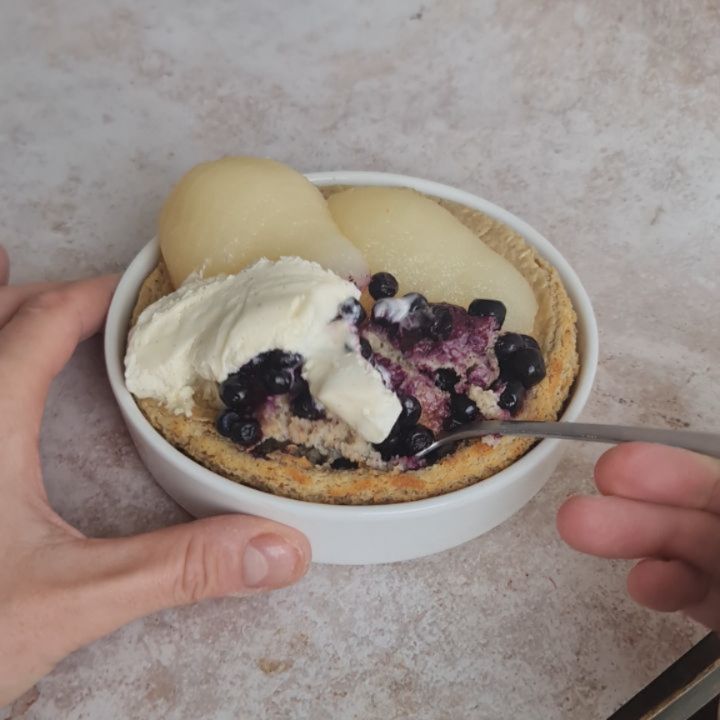 Vanilla-Cardamom Baked Oatmeal with Pear and Blueberry Topping