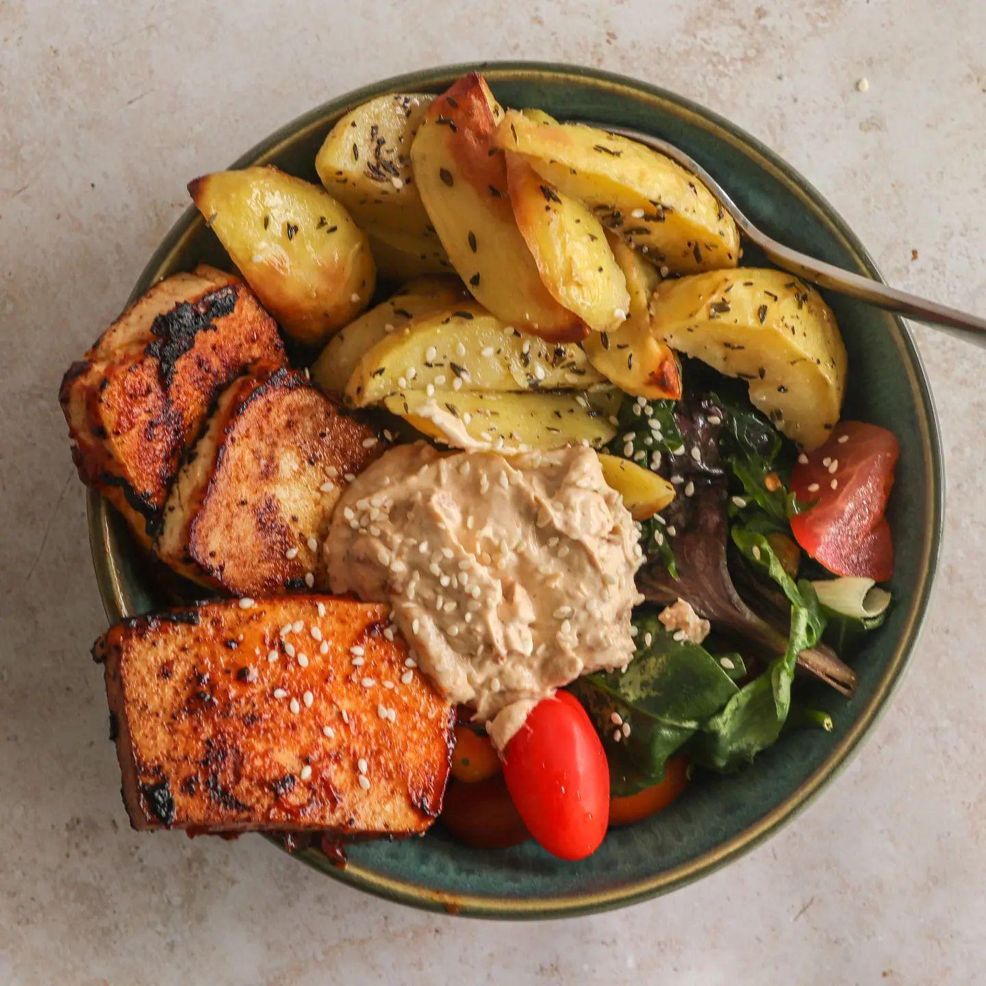 Vegan Buddha Bowl with Roasted Potatoes and Tofu