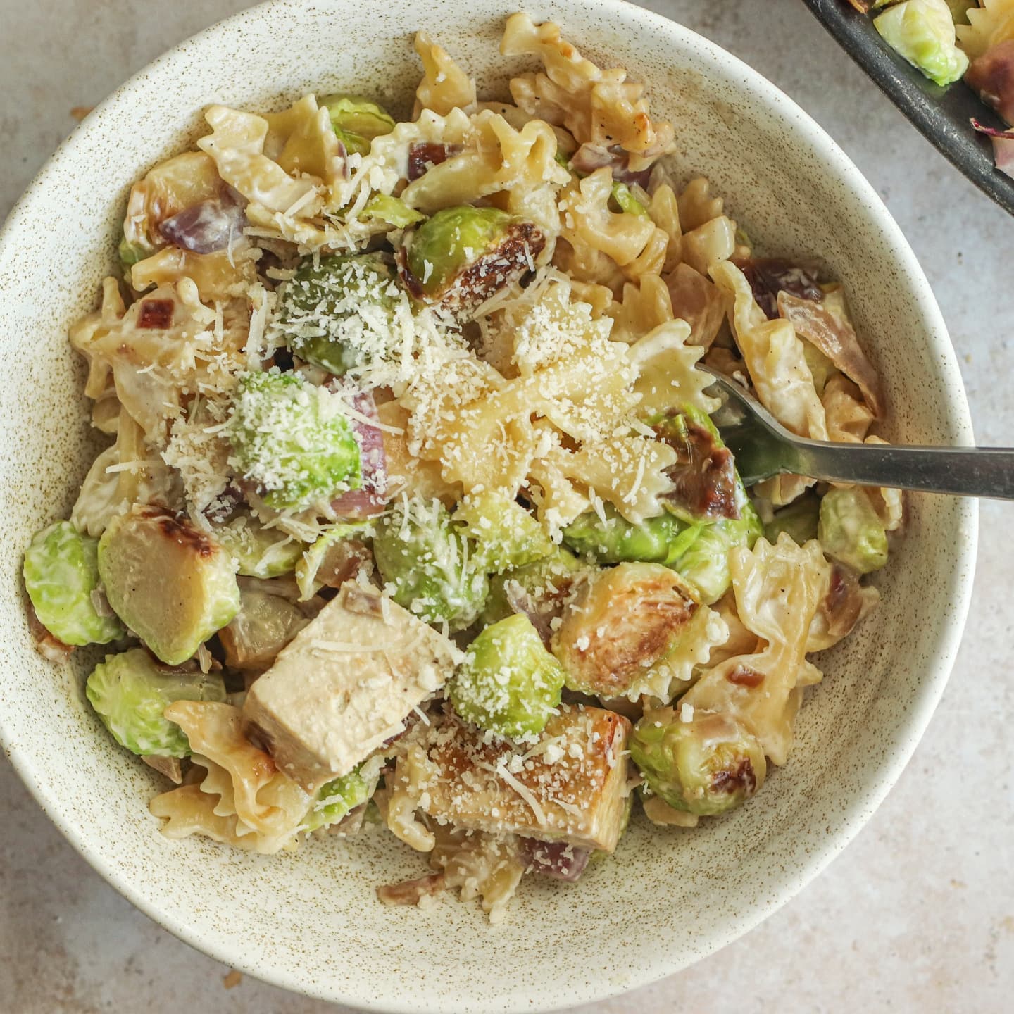 Creamy Pasta with Garlic Fried Brussels Sprouts
