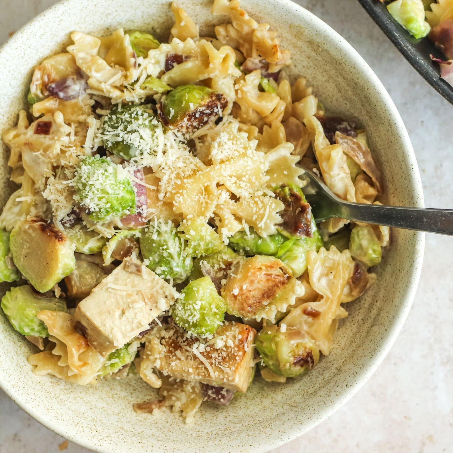 Creamy Pasta with Garlic Fried Brussels Sprouts