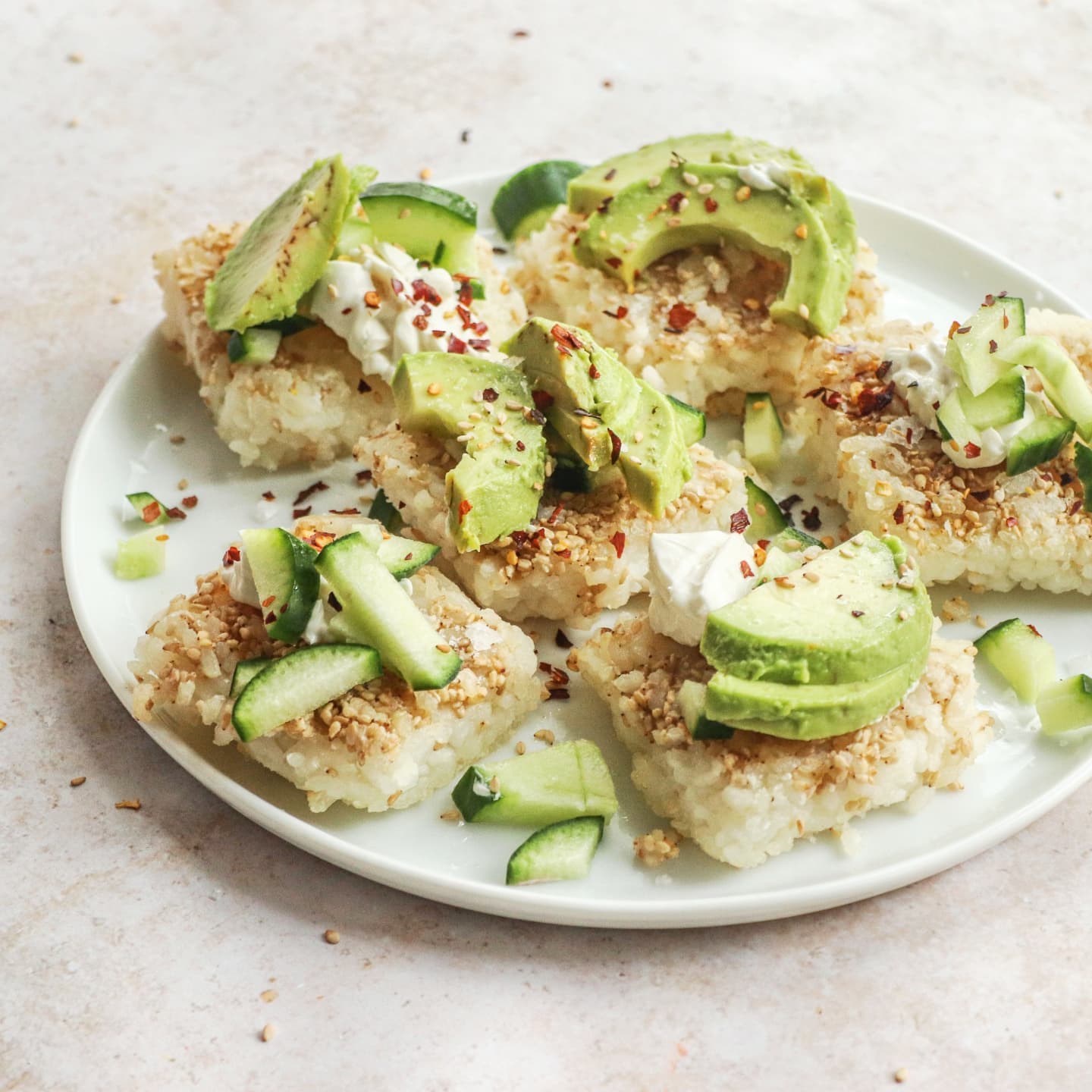 Sesame Tofu Rice Squares with a Tangy Tofu Mix