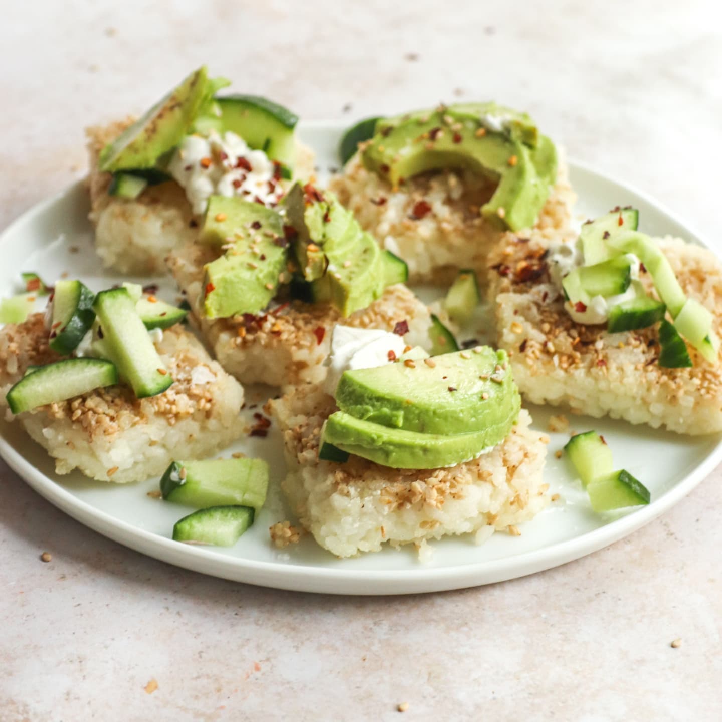 Sesame Tofu Rice Squares with a Tangy Tofu Mix