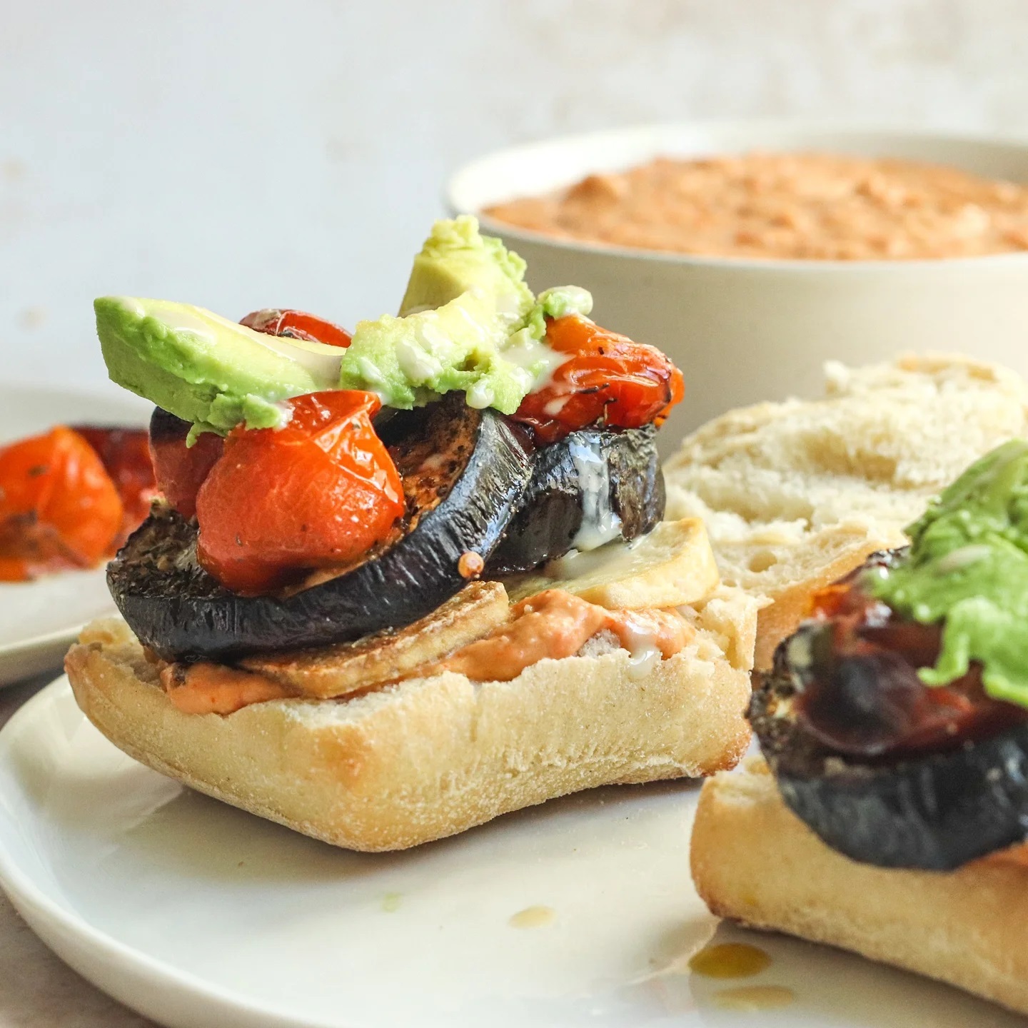 Roasted Eggplant and Bell Pepper Hummus Sandwich