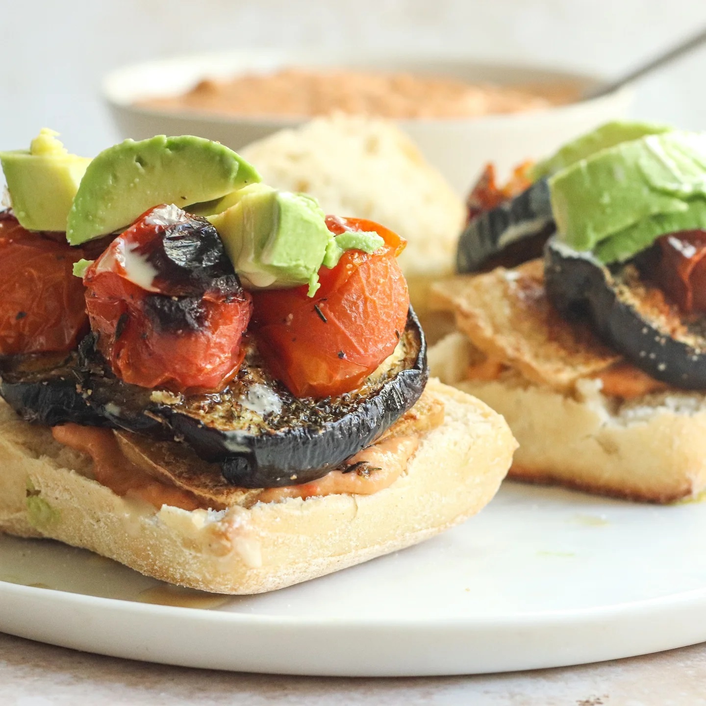 Roasted Eggplant and Bell Pepper Hummus Sandwich