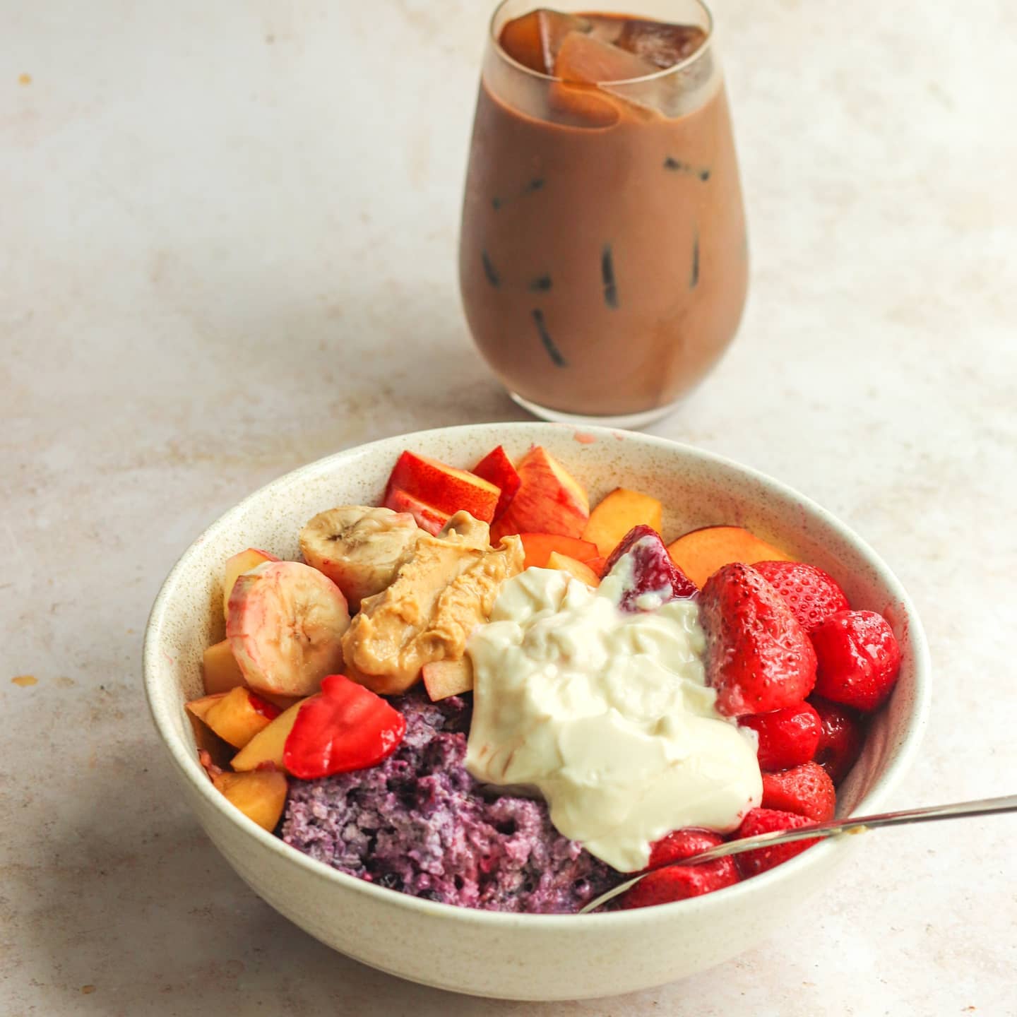Blueberry Overnight Oats with Fruit Salad and Chocolate Ice Coffee