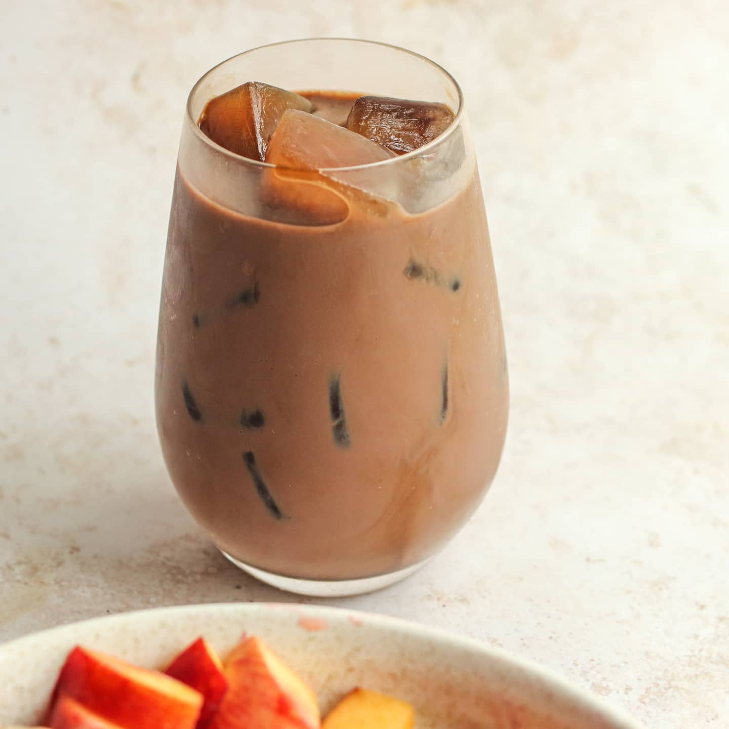 Blueberry Overnight Oats with Fruit Salad and Chocolate Ice Coffee