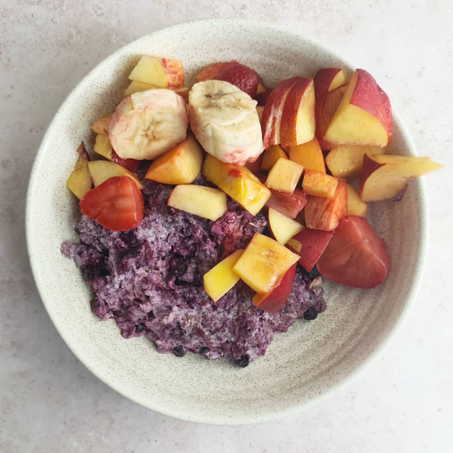 Blueberry Overnight Oats with Fruit Salad and Chocolate Ice Coffee