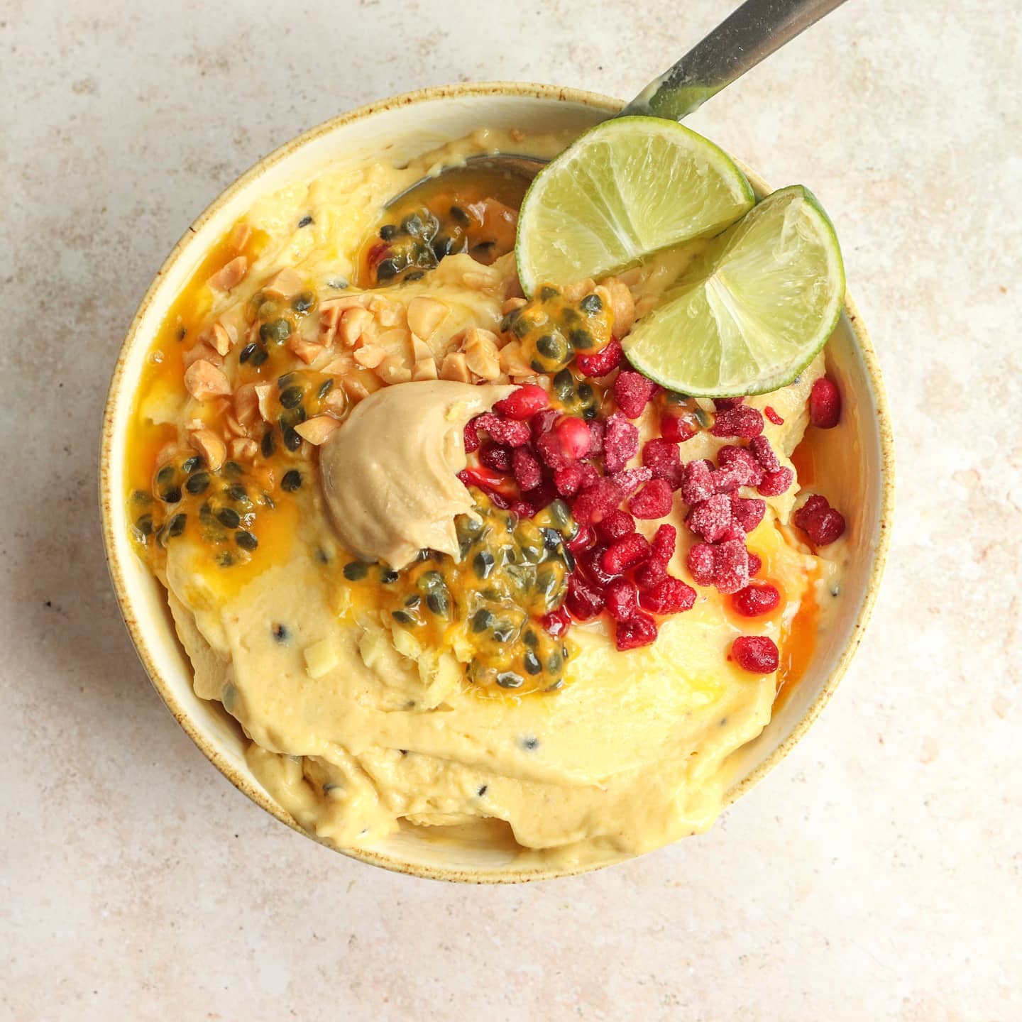 Mango-Passionfruit Nicecream with Lime and Ginger