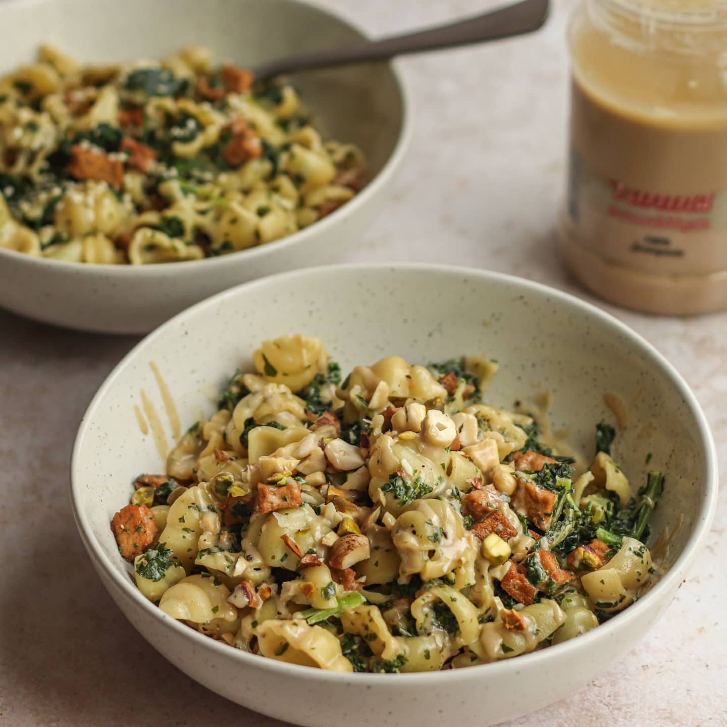 Creamy Kale Pasta with Marinated Tofu Pieces