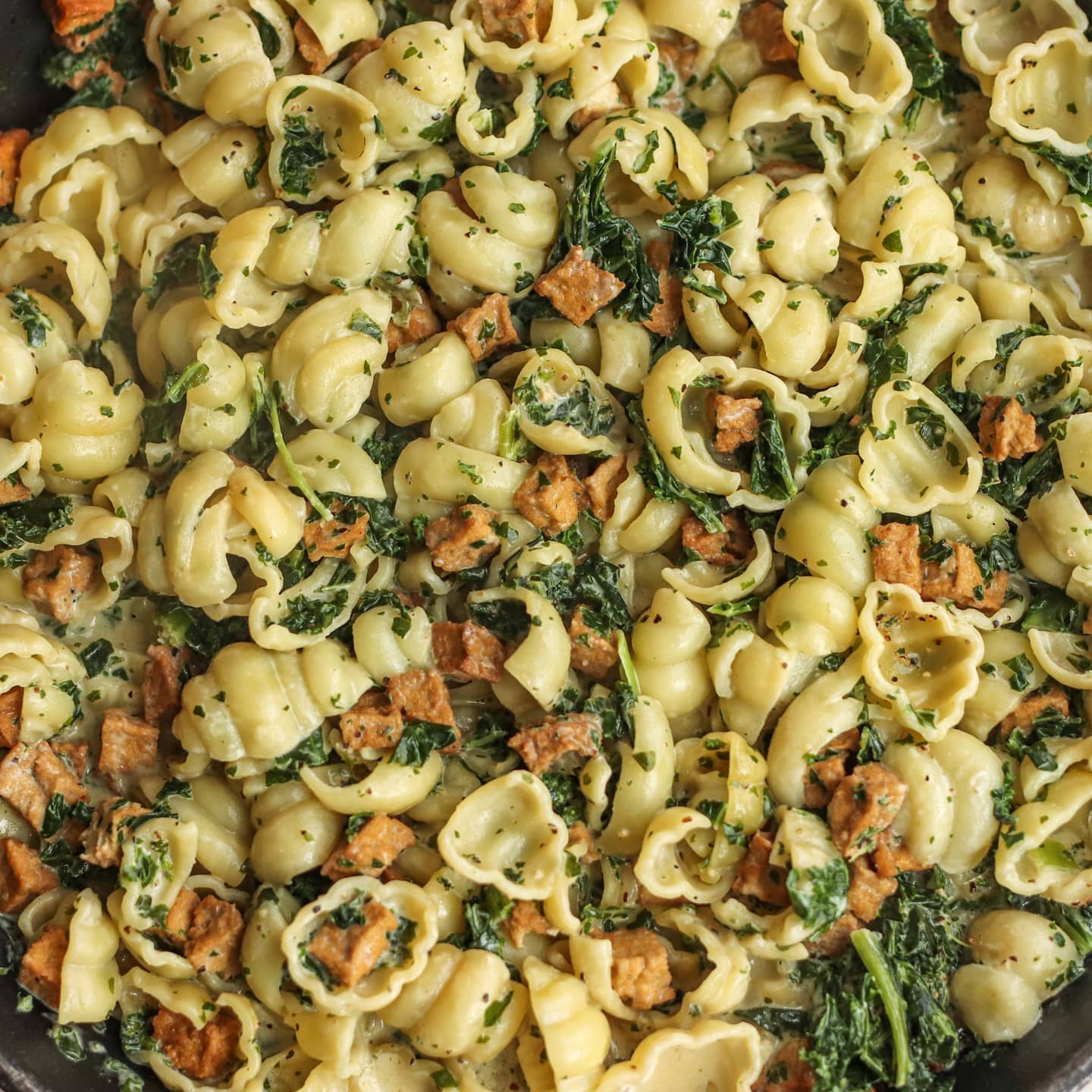 Creamy Kale Pasta with Marinated Tofu Pieces
