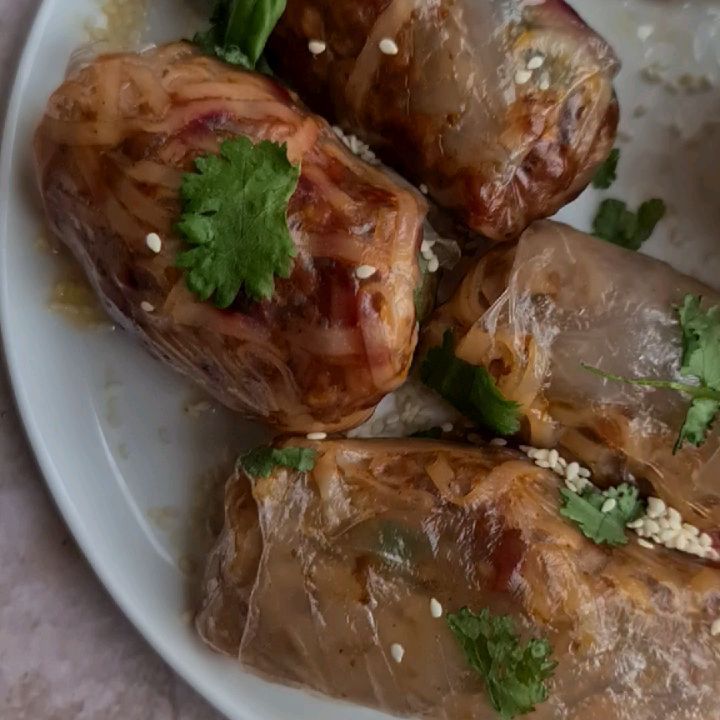 Baked Vegan Spring Rolls with Rice Noodles and Veggies