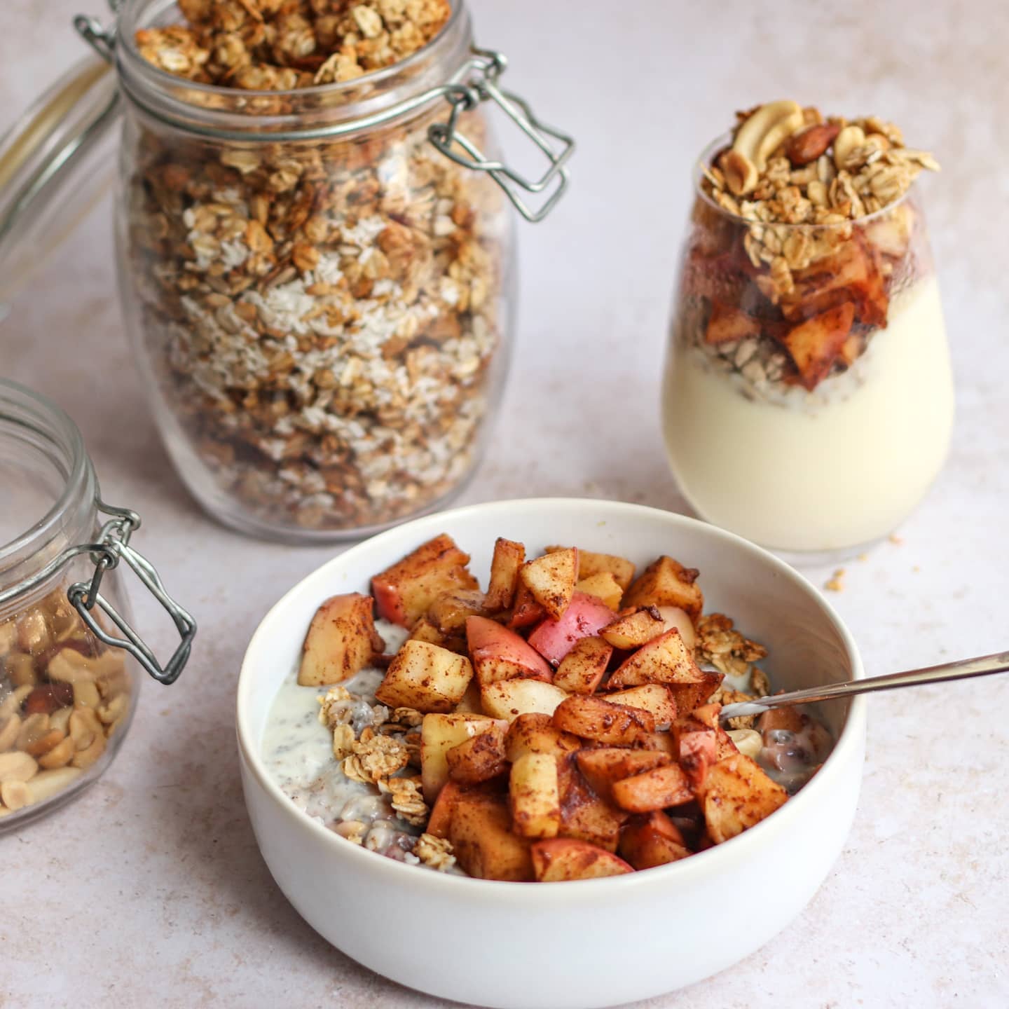 Vanilla Chia Pudding with Cinnamon Fried Apples and Homemade Peanut Butter Granola
