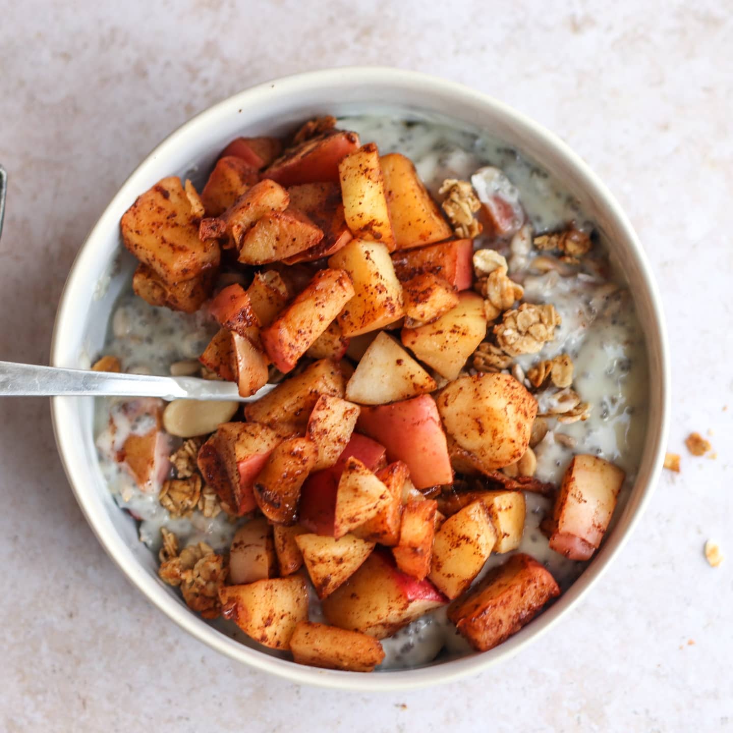 Vanilla Chia Pudding with Cinnamon Fried Apples and Homemade Peanut Butter Granola