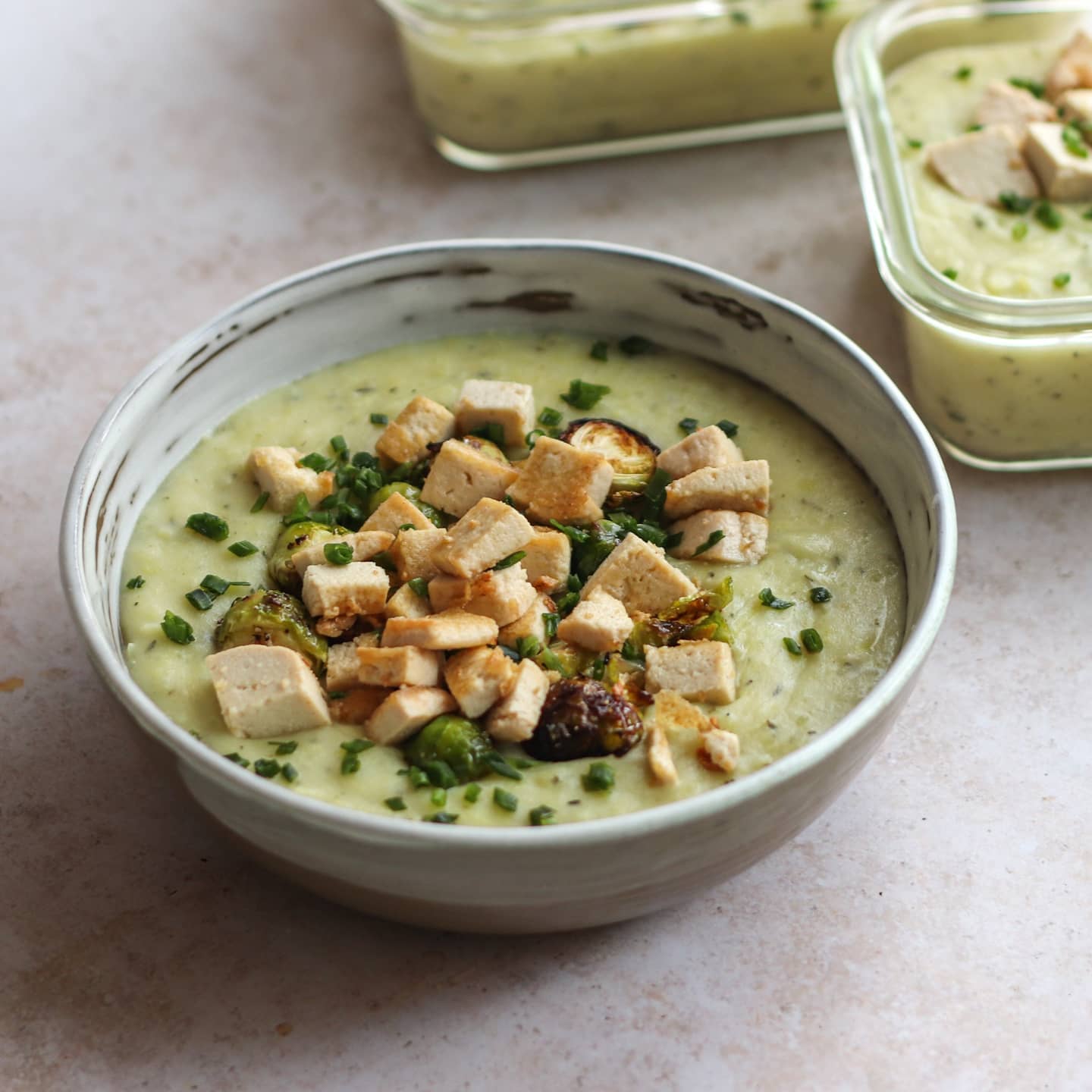Creamy Potato and Leek Soup with Crispy Sesame Tofu and Brussels Sprouts