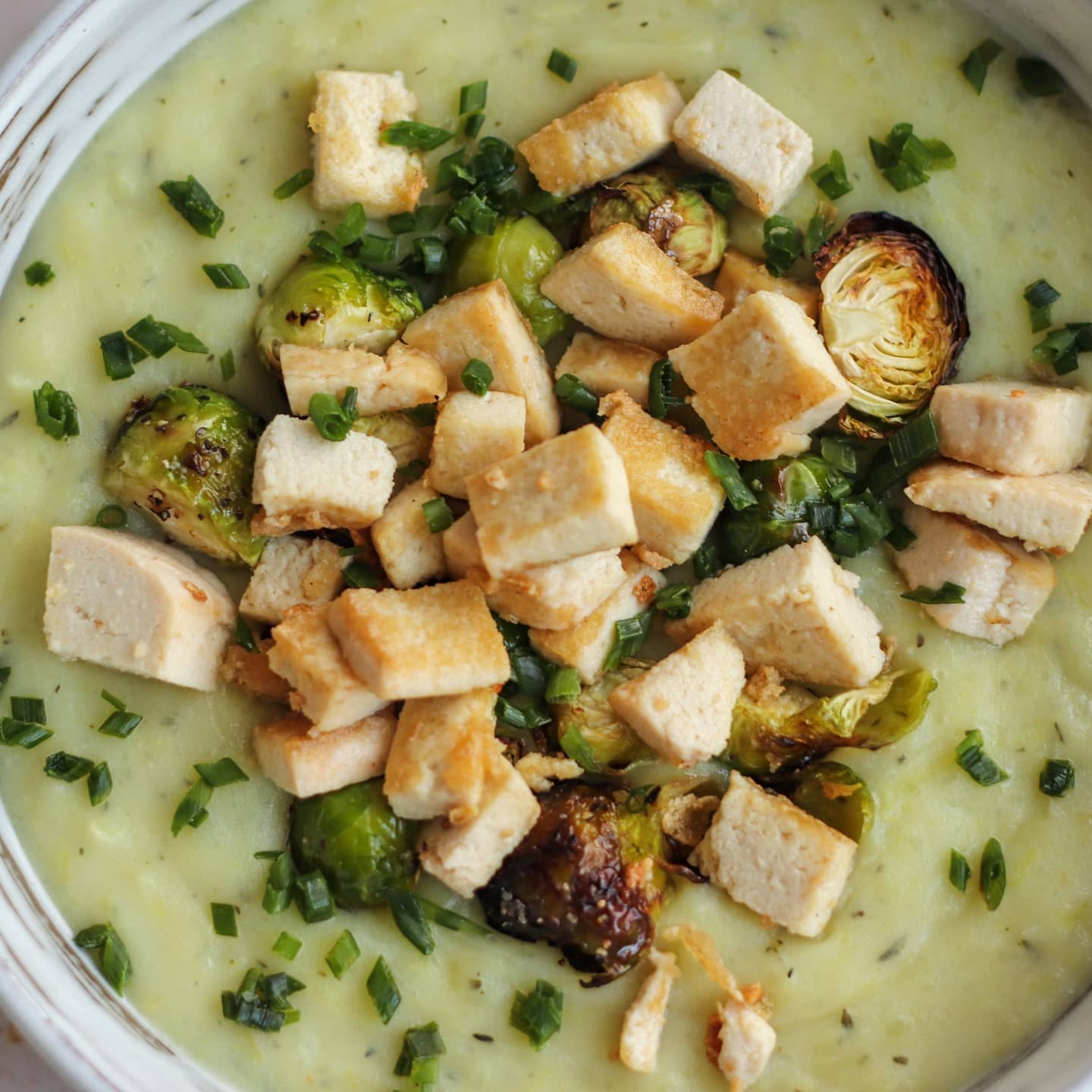 Creamy Potato and Leek Soup with Crispy Sesame Tofu and Brussels Sprouts