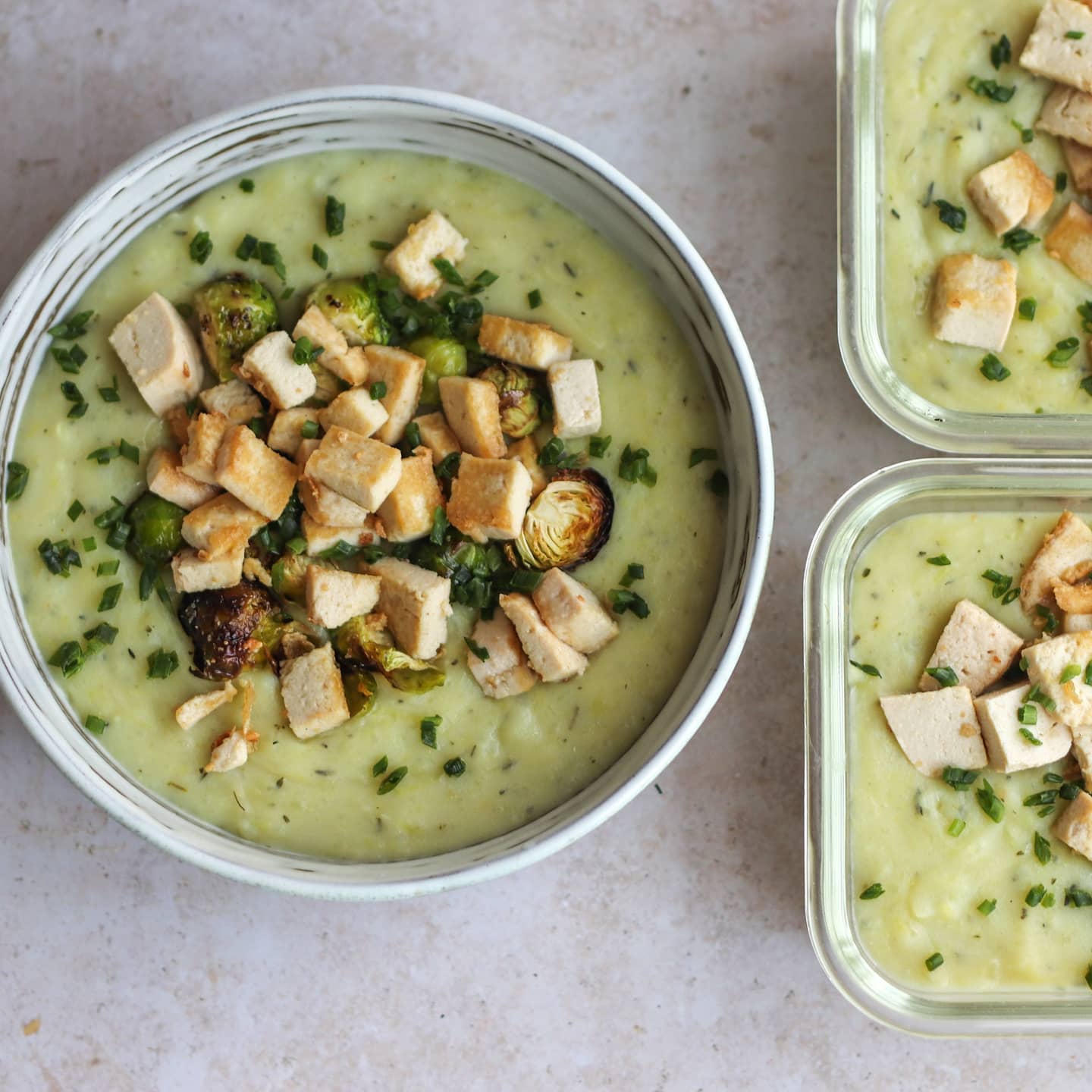 Creamy Potato and Leek Soup with Crispy Sesame Tofu and Brussels Sprouts