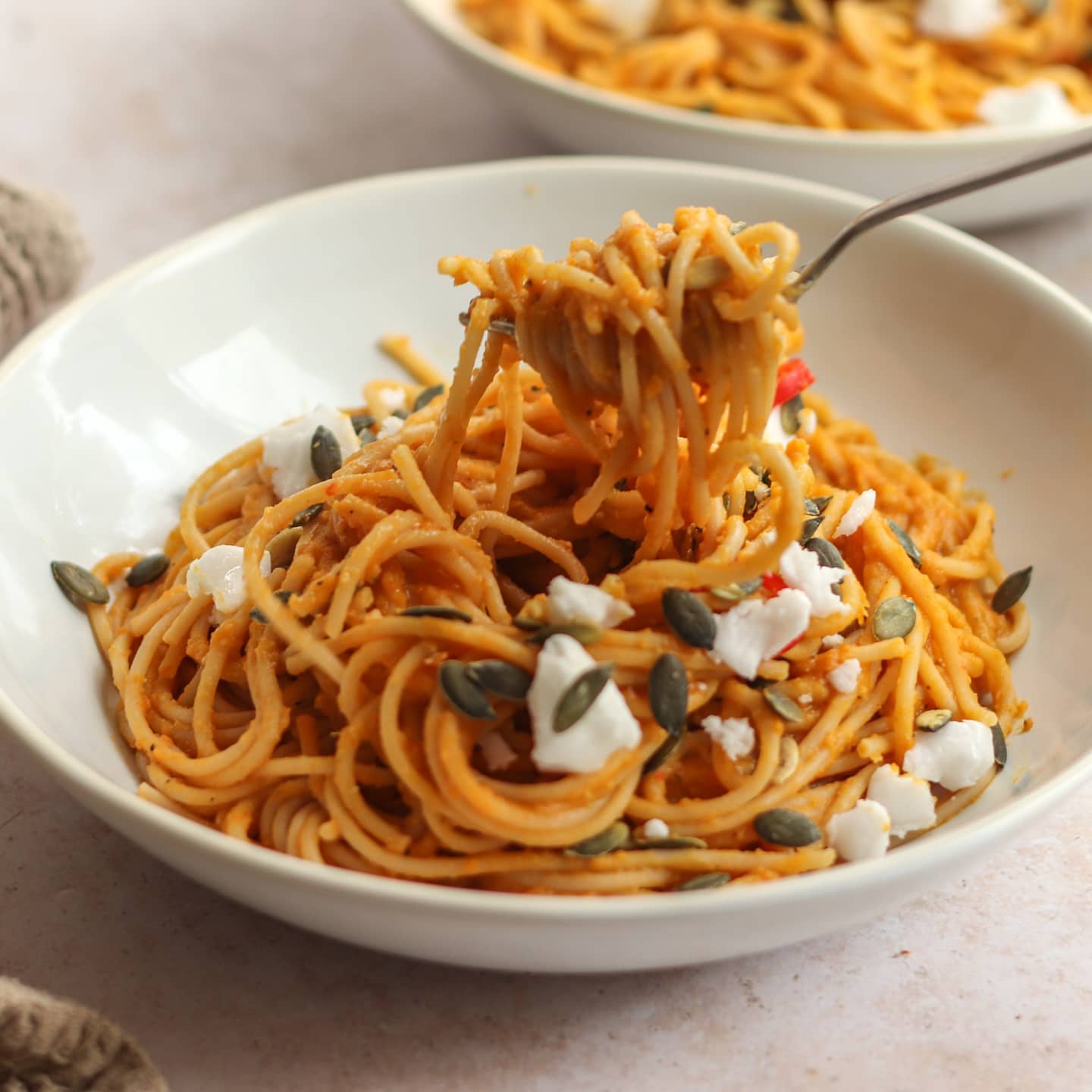 Butternut Squash Spaghetti with Vegan Greek Cheese and Pumpkin Seeds