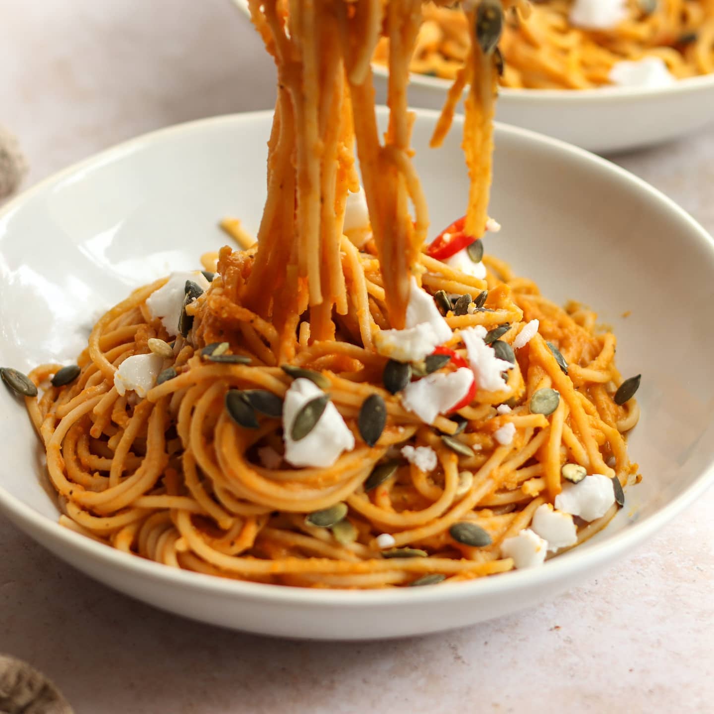 Butternut Squash Spaghetti with Vegan Greek Cheese and Pumpkin Seeds