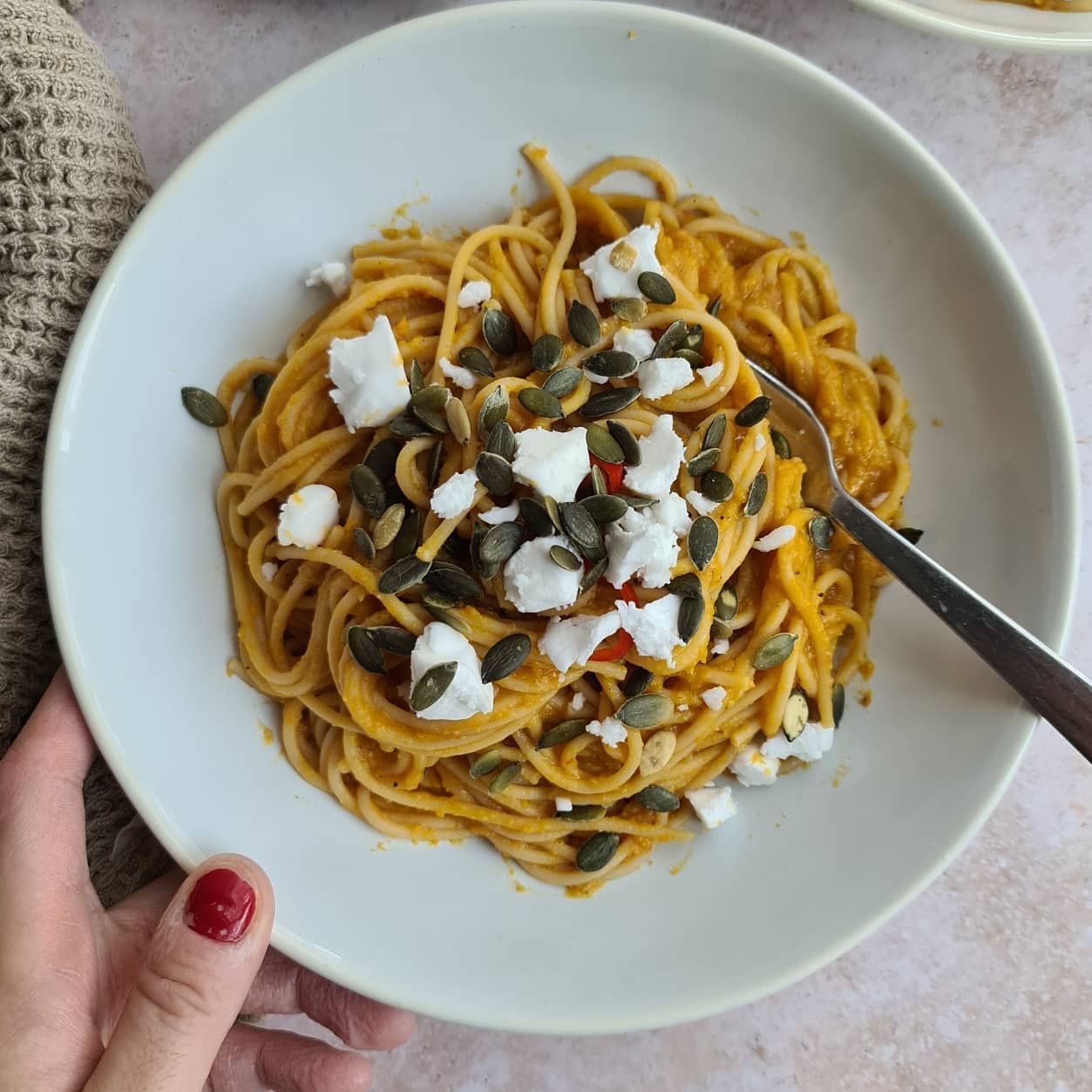 Butternut Squash Spaghetti with Vegan Greek Cheese and Pumpkin Seeds
