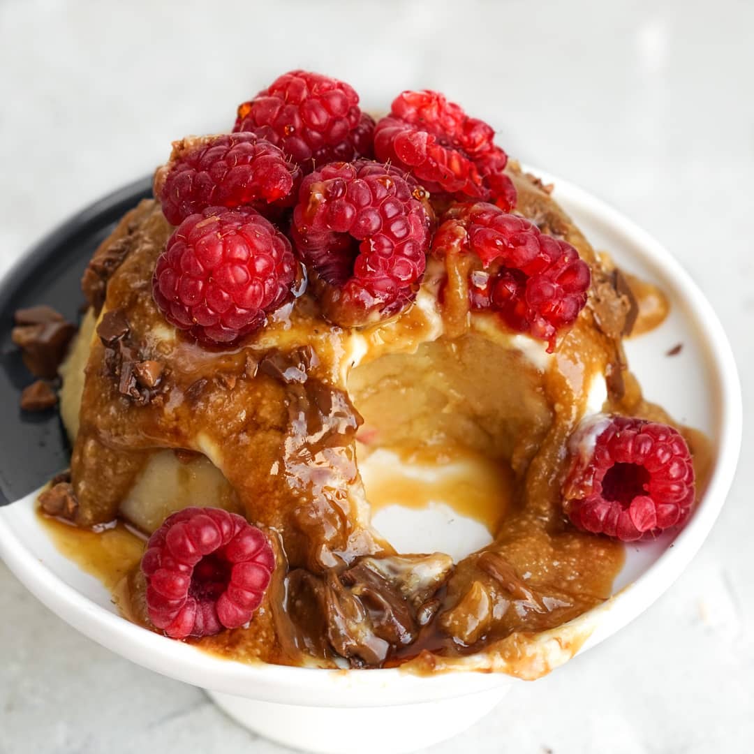 Lemon Mug Cake with Peanut Caramel Sauce